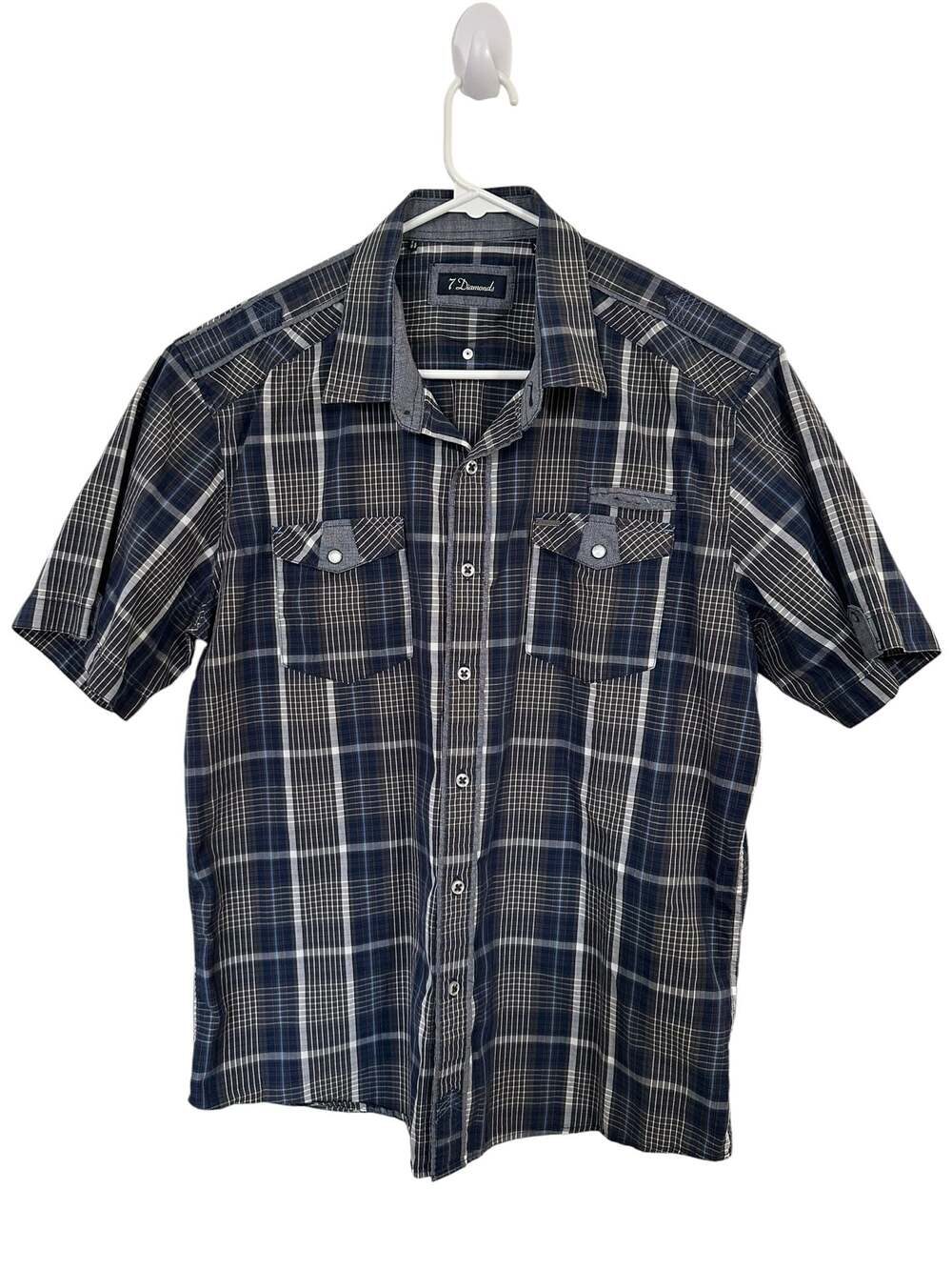 7 Diamonds Mens XL Plaid Button Up Shirt Short Sleeve Double Pocket Cotton